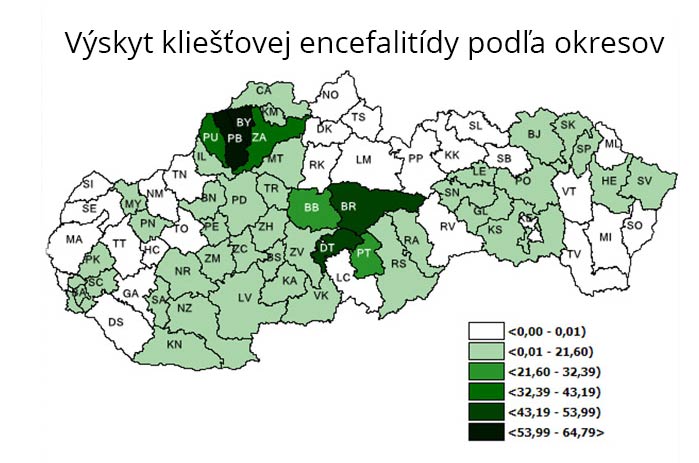 Výskyt kliešťovej encefalitídy na Slôovensku po okresoch