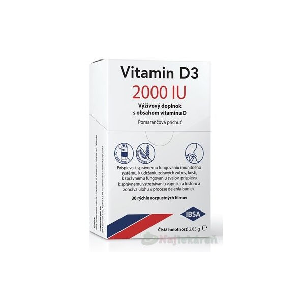 IBSA Vitamin D3 2000 IU s pomarančovou príchuťou, 30 ks