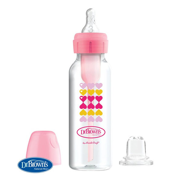 DR.BROWN'S Fľaša antikolik Options+ úzka 2v1 s náustkom 250 ml ružová