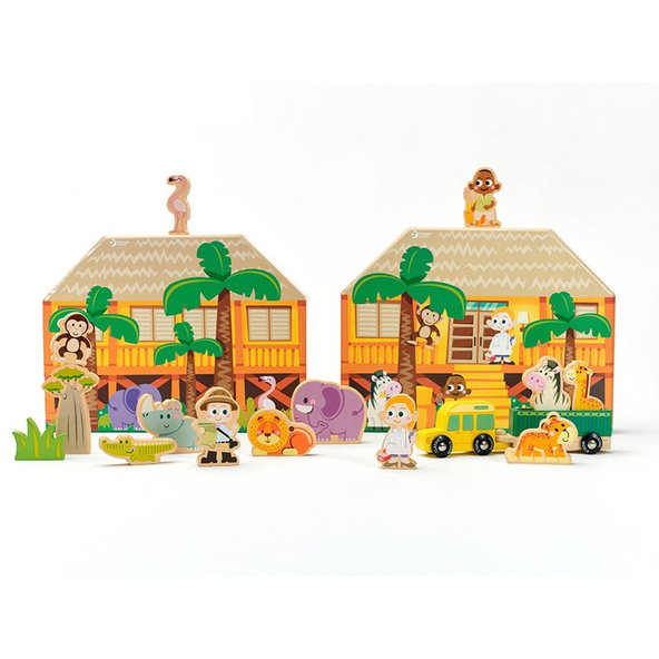 TEDDIES Safari / ZOO figúrky drevo + domček 16ks 24m +