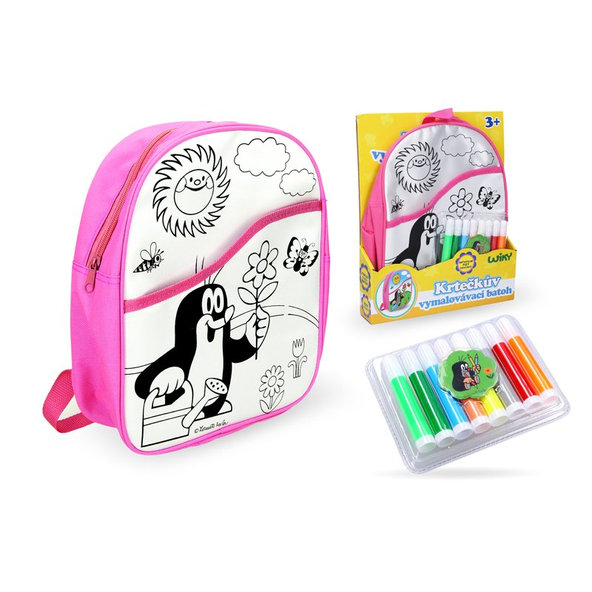 WIKY Batoh Krtko vymaľovávací ružový 30 cm + 8 fixiek
