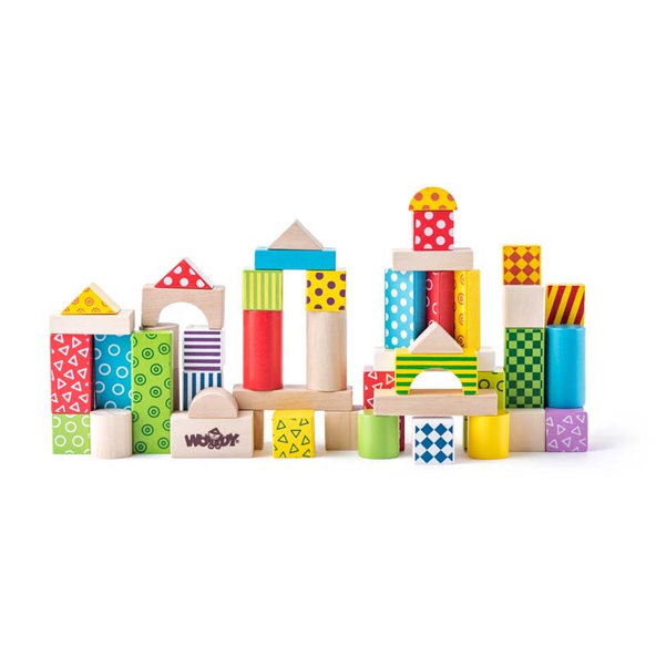 WOODY Stavebnica kocky farebné, s potlačou, 50 dielov