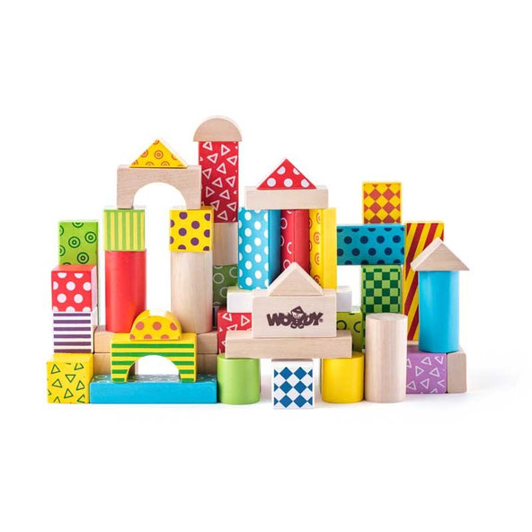 WOODY Stavebnica kocky farebné, s potlačou, 50 dielov