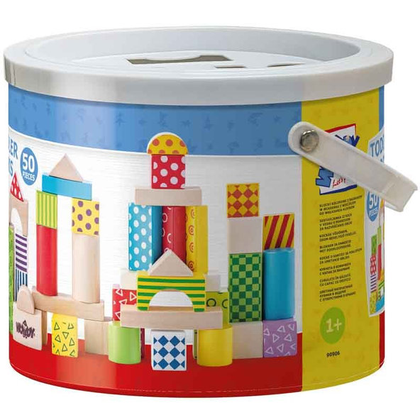WOODY Stavebnica kocky farebné, s potlačou, 50 dielov