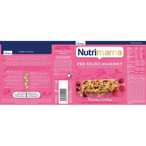 Nutrimama CEREÁLNE TYČINKY Brusnice a maliny (pre dojčiace matky), 5x40g (200g)
