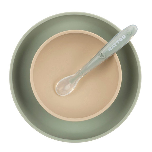 NATTOU Set jedálenský silikónový 3 ks pieskovo-zelený bez BPA