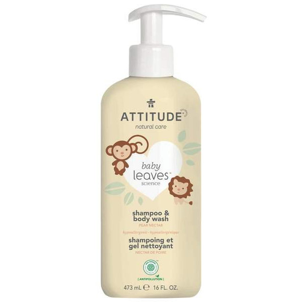 ATTITUDE Detské telové mydlo a šampón 2v1 Baby leaves s vôňou hruškovej šťavy 473 ml