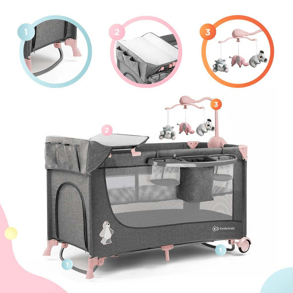 KINDERKRAFT Postieľka cestovná Joy s doplnkami Pink