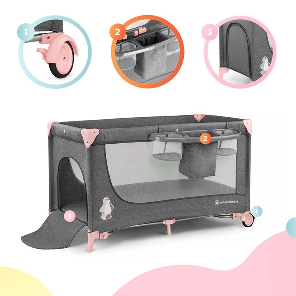 KINDERKRAFT Postieľka cestovná Joy s doplnkami Pink