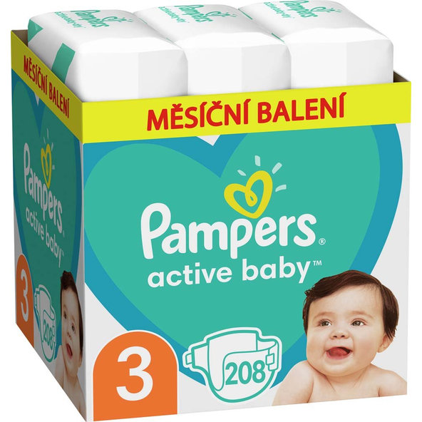 PAMPERS Active Baby 3 (6-10 kg) 208 ks MESAČNÁ ZÁSOBA – jednorazové plienky