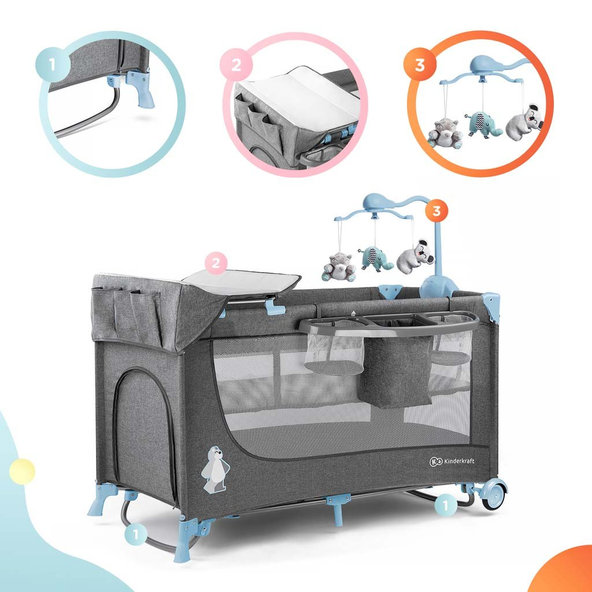 KINDERKRAFT Postieľka cestovná Joy s doplnkami Blue