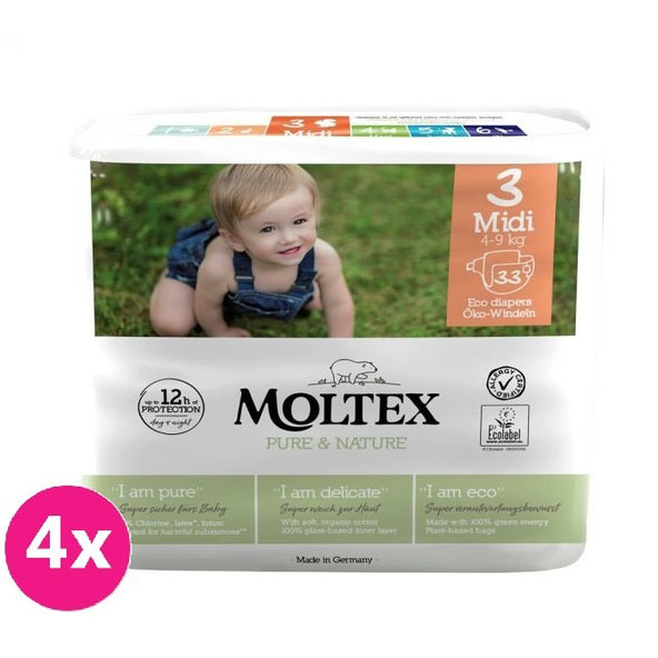 MOLTEX Pure & Nature Plienky Midi 4-9 kg - ekonomické balenie (4 x 33 ks)