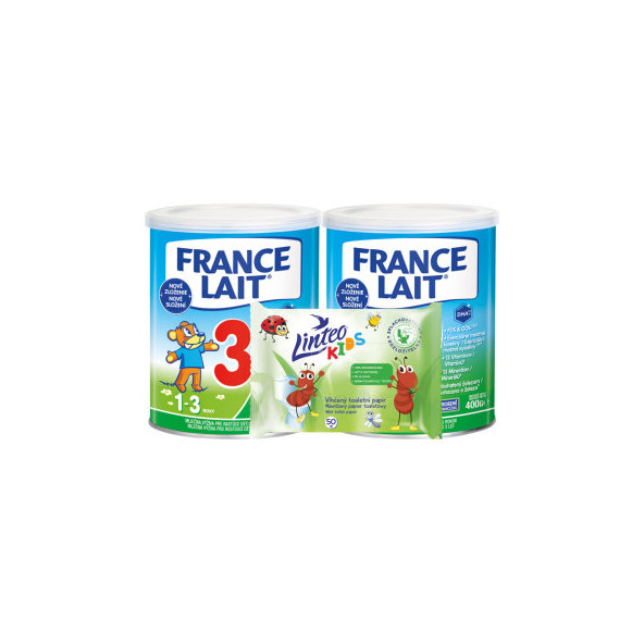 France Lait 3 mliečna výživa 1r+ 2 × 400 g + Linteo Kids utierky