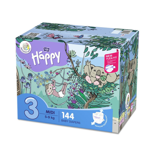 BELLA HAPPY Plienky jednorazové 3 Midi (5-9 kg) 144 ks - Big TOY BOX