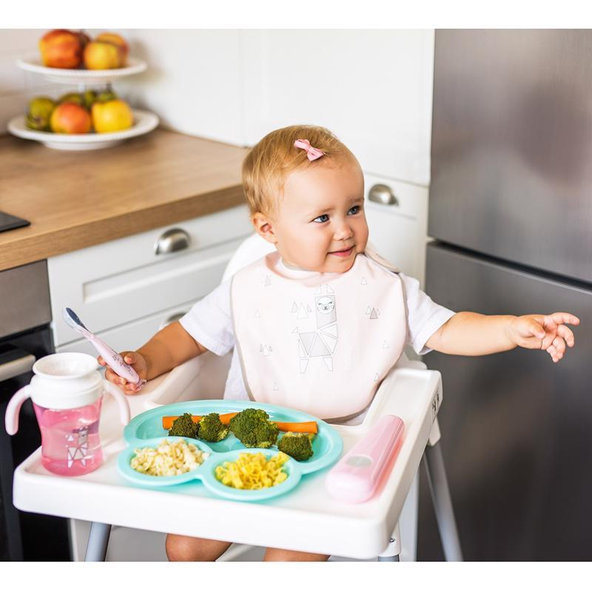 BABYONO Lyžička silikónová s obalom 6 m+ ružová