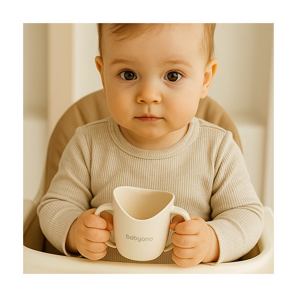 BABYONO Hrnček ergonomický s uškami 120 ml beige 6m+ 1ks