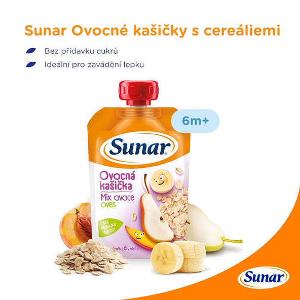 3x SUNAR Kapsička ovocná kašička mix ovocia, ovsené vločky 120 g