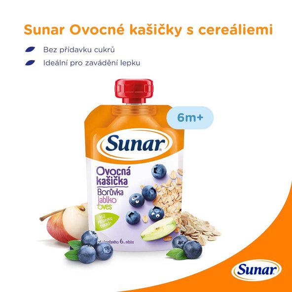 6x SUNAR Kapsička ovocná kašička čučoriedka, jablko, ovsené vločky 120 g