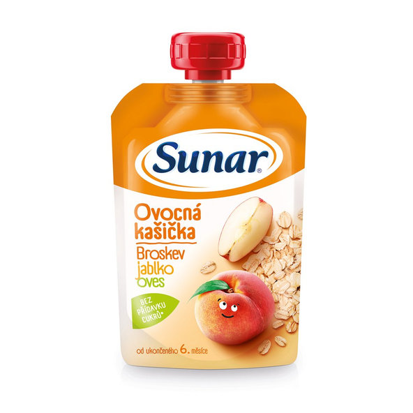 6x SUNAR Kapsička ovocná kašička broskyňa, jablko, ovsené vločky 120 g
