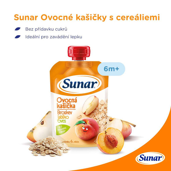 6x SUNAR Kapsička ovocná kašička broskyňa, jablko, ovsené vločky 120 g