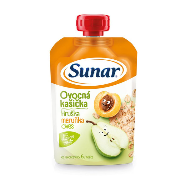 6x SUNAR Kapsička ovocná kašička hruška, marhul'a, ovsené vločky 120 g