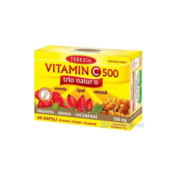 TEREZIA VITAMÍN C 500 trio natur+ (acerola 20cps + šípka 20cps + rakytník 20cps) 60cps
