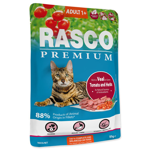 Rasco Premium Adult kapsička pre mačky teľacie s rajčinami 28 x 85 g