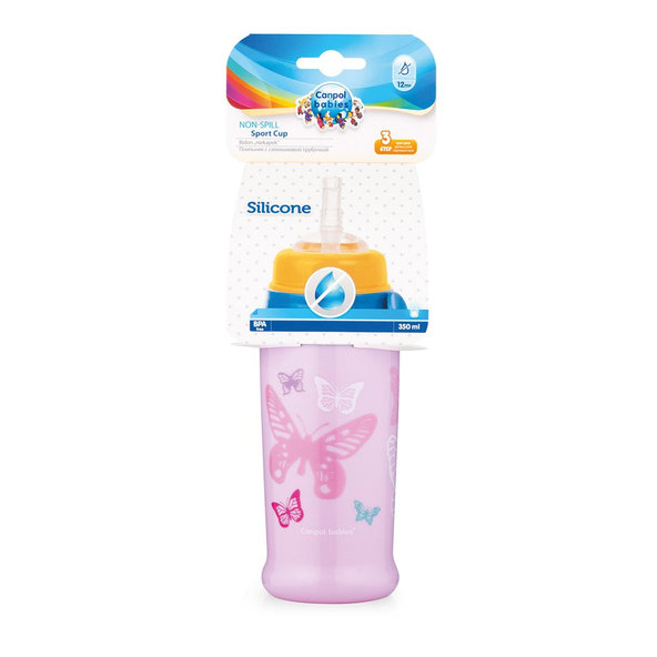CANPOL BABIES Fľaša športová s netečúcou slamkou motýlik 300ml 12m+ ružová