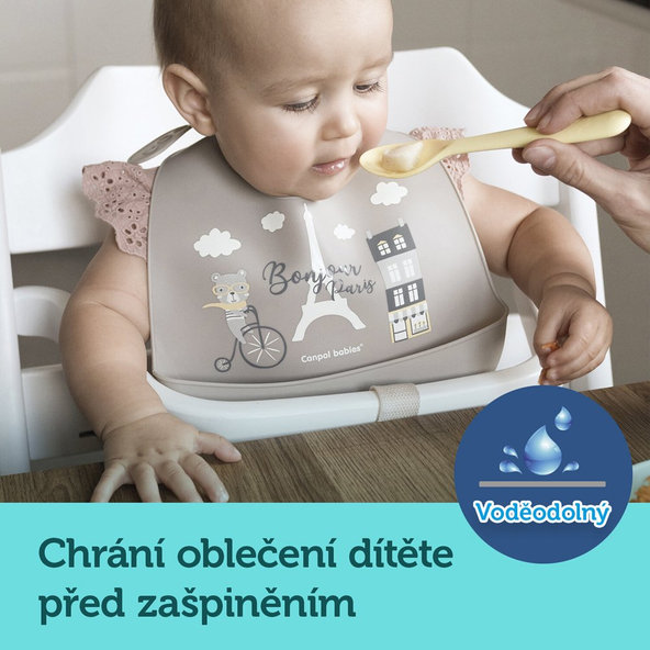 CANPOL BABIES Podbradník silikónový s vreckom Bonjour Paris modrý