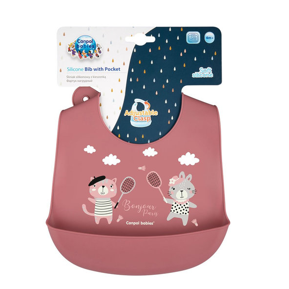 CANPOL BABIES Podbradník silikónový s vreckom Bonjour Paris ružový