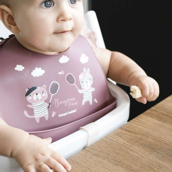 CANPOL BABIES Podbradník silikónový s vreckom Bonjour Paris ružový