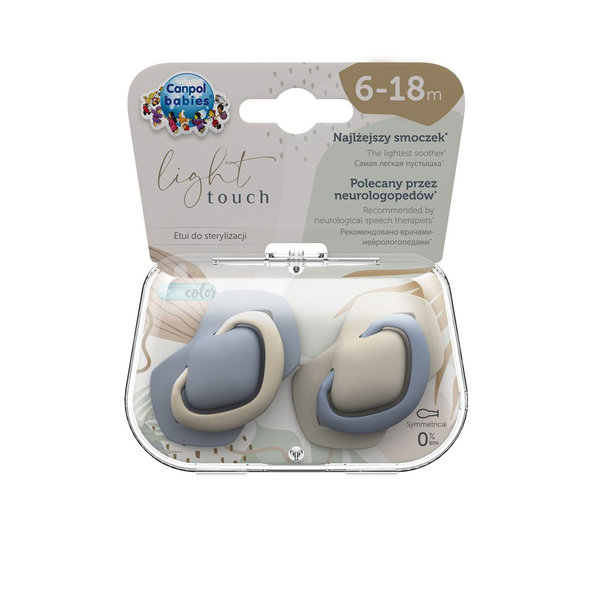 CANPOL BABIES Set symetrických silikónových cumlíkov Light touch 6-18m Pure color modrý