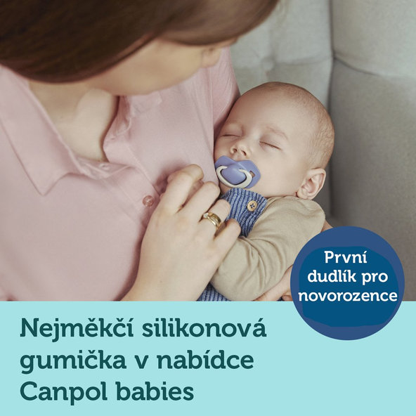 CANPOL BABIES Set symetrických silikónových cumlíkov Light touch 6-18m Pure color modrý