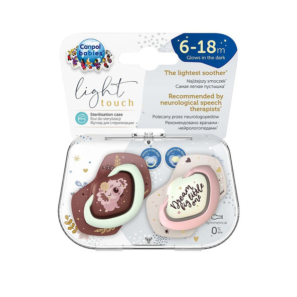 CANPOL BABIES Set symetrických silikónových cumlíkov Light touch 6-18m Sleepy koala ružový