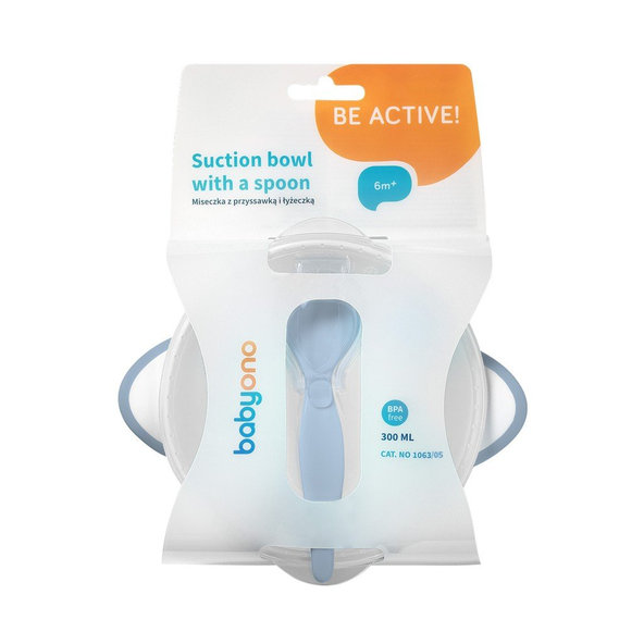 BABYONO Miska uzatvárateľná s prísavkou a lyžičkou 300 ml bledomodrá 6m+
