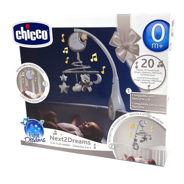 CHICCO Kolotoč nad postieľku a závesná hračka 3v1 Next2Dreams neutral 0m+