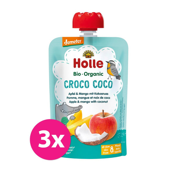 3x HOLLE Croco Coco Bio ovocné pyré jablko, mango, kokos, 100 g (8 m+)