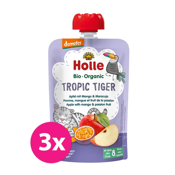 3x HOLLE Tropic Tiger Bio ovocné pyré jablko, mango a maracuja, 100 g (8 m+)