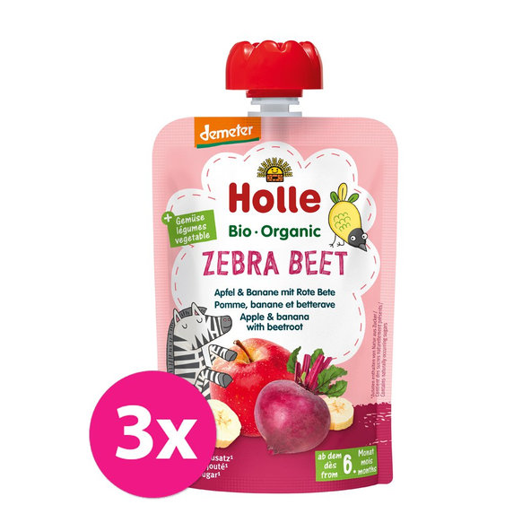 3x HOLLE Zebra Beet Bio ovocné pyré jablko, banán a červená repa, 100 g (6 m+)
