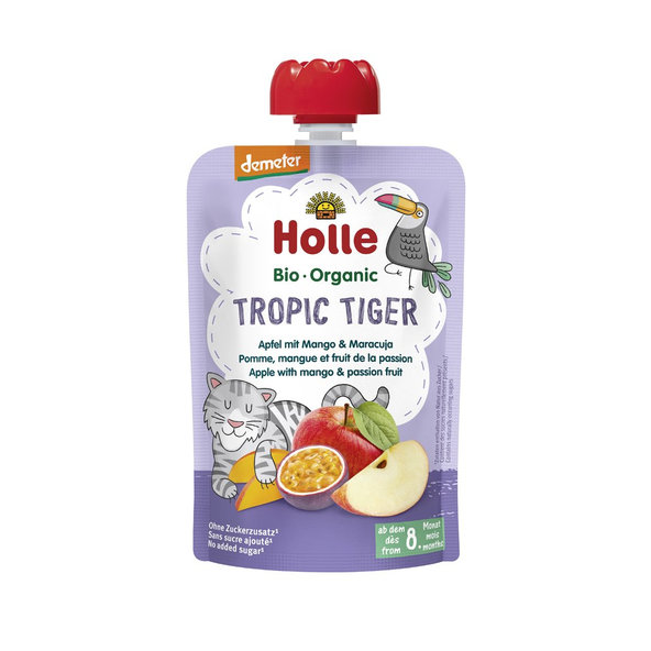 6x HOLLE Tropic Tiger Bio ovocné pyré jablko, mango a maracuja, 100 g (8 m+)