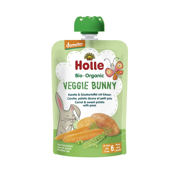 6x HOLLE Veggie Bunny Bio pyré mrkva, sladké zemiaky a hrášok, 100 g (6 m+)