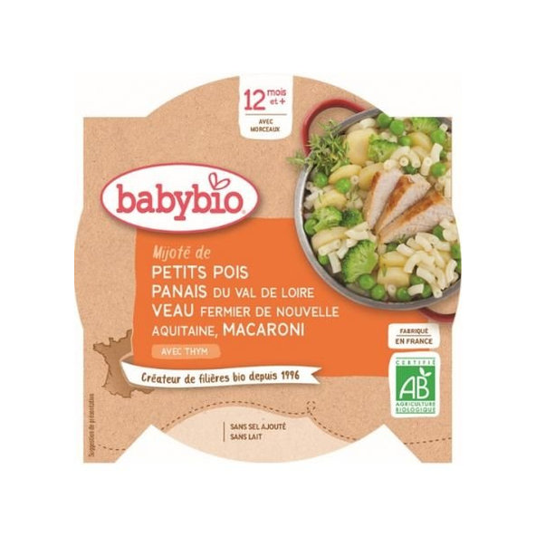 3x BABYBIO Hrášok s paštrnákom, teľacím mäsom a makaróny (230 g)