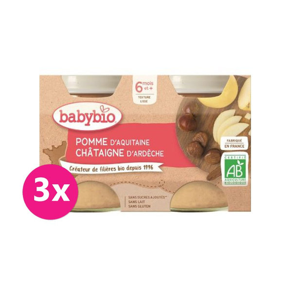 3x BABYBIO Jablko s gaštanovým pyré (2x 130 g) - ovocný príkrm