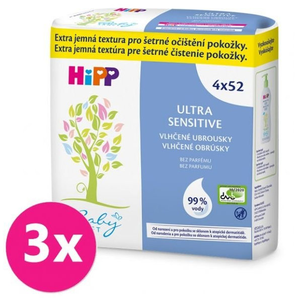 3x HiPP Babysanft Ultra sensitive vlhčené obrúsky bez parfumu (4x 52 ks)