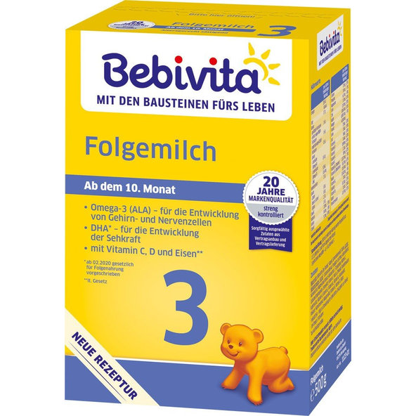 4x BEBIVITA Mlieko 3 Instantné následná mliečna výživa od uk. 9. mesiaca, 500 g