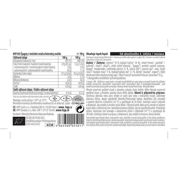 6x HiPP BIO špagety v boloňské omáčce (190 g) - maso-zeleninový příkrm