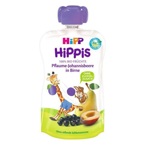 6x HIPP HiPPiS BIO Príkrm ovocný 100% ovocia hruška, čierne ríbezle, slivka 100 g