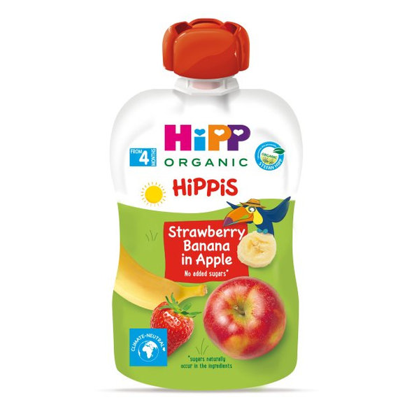 6x HiPP HiPPiS BIO 100% ovoce Jablko-Banán-Jahoda 100 g – ovocný příkrm