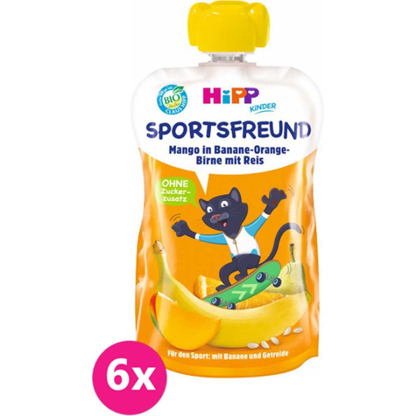 6x HiPP HiPPiS BIO Sport Hruška-Pomeranč-Mango-Banán-Rýže 120 g – ovocný příkrm