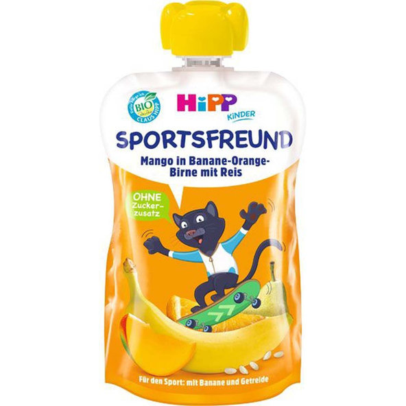 6x HiPP HiPPiS BIO Sport Hruška-Pomeranč-Mango-Banán-Rýže 120 g – ovocný příkrm